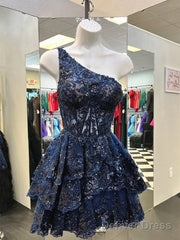 One Shoulder Short Navy Blue Lace Prom Dresses, One Shoulder Short Navy Blue Formal Homecoming Dresses