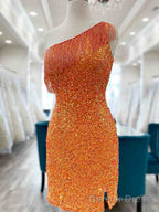 One Shoulder Short Tight Orange Blue Prom Dress, One Shoulder Short Prom Homecoming Dresses