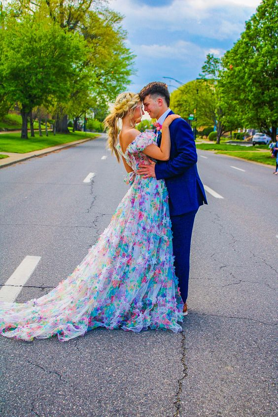 Elegant Off The Shoulder Flowers Long Prom Dress Tulle Prom Dresses