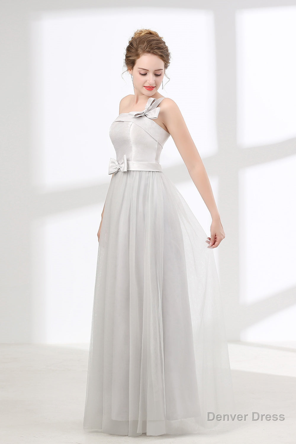 One Shoulder Soft Gray Floor Length Prom Dresses Secondary image