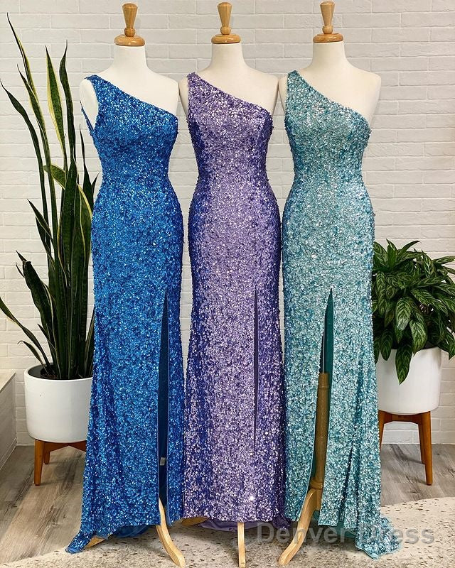 One Shoulder Sparkly Long Prom Dresses With Slit,Formal Dresses,Charming Dance Dress