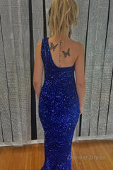 one shoulder sparkly royal blue sequins long prom dress with slit