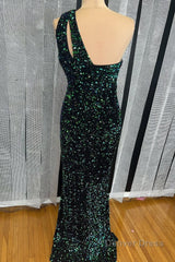 one shoulder sparkly royal blue sequins long prom dress with slit