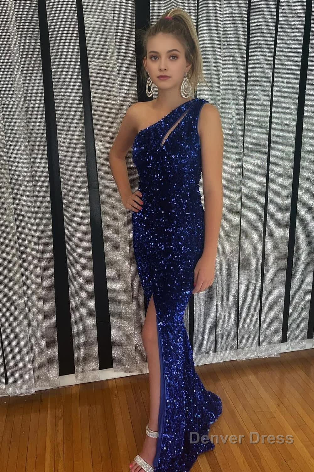 one shoulder sparkly royal blue sequins long prom dress with slit