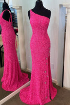 One Shoulder Stars Mermaid Sequins Prom Dresses With Slit