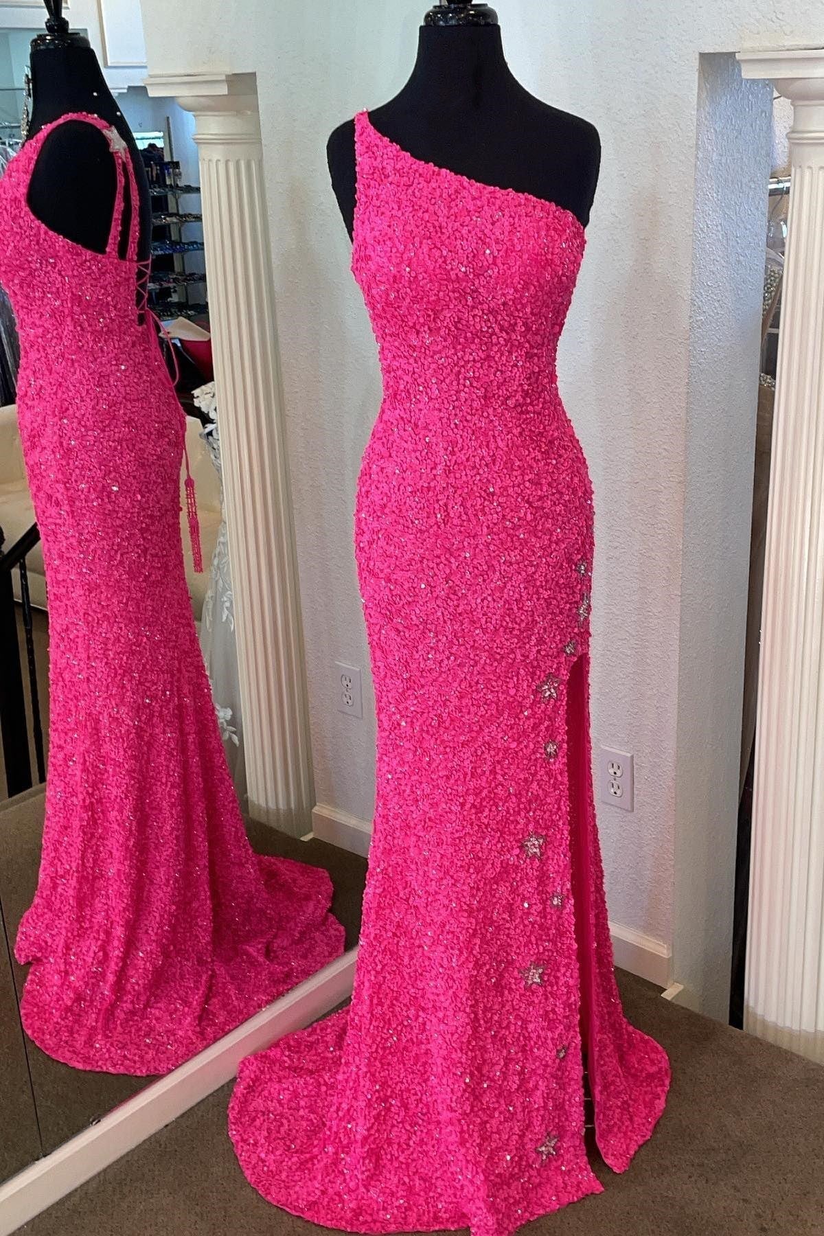 One Shoulder Stars Mermaid Sequins Prom Dresses With Slit