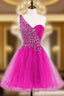 One Shoulder Tulle Homecoming Dress Short Prom Dresses With Beading