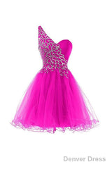 One Shoulder Tulle Homecoming Dresses Short Prom Dresses With Beading