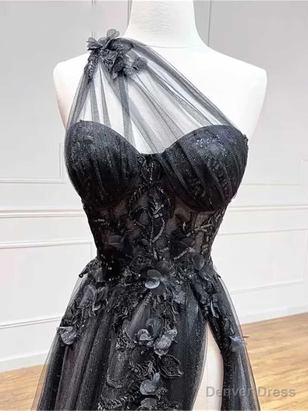 One Shoulder Tulle with Lace Applique High Slit Prom Dress, Tulle Prom Dresses
