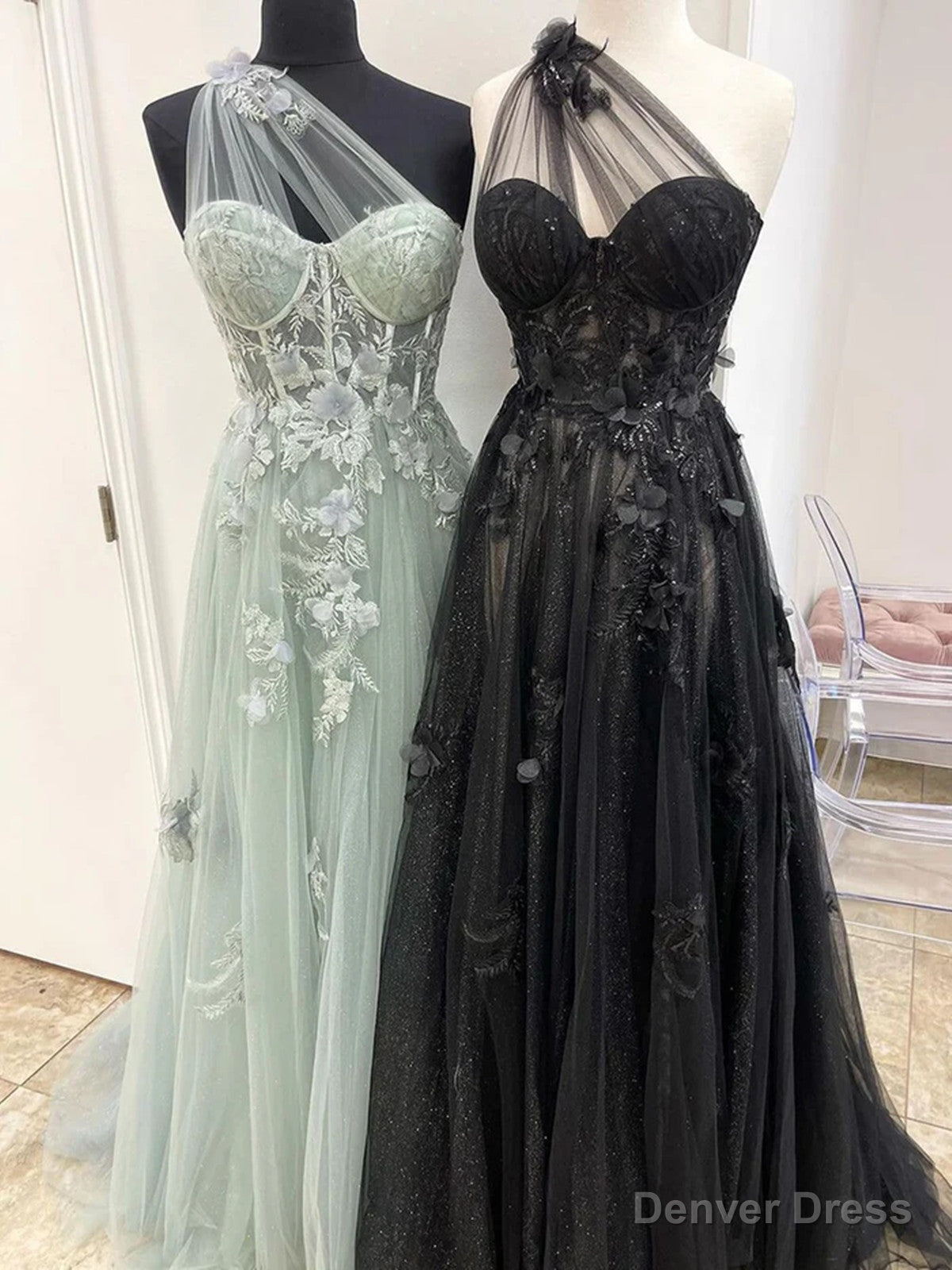 One Shoulder Tulle with Lace Applique High Slit Prom Dress, Tulle Prom Dresses