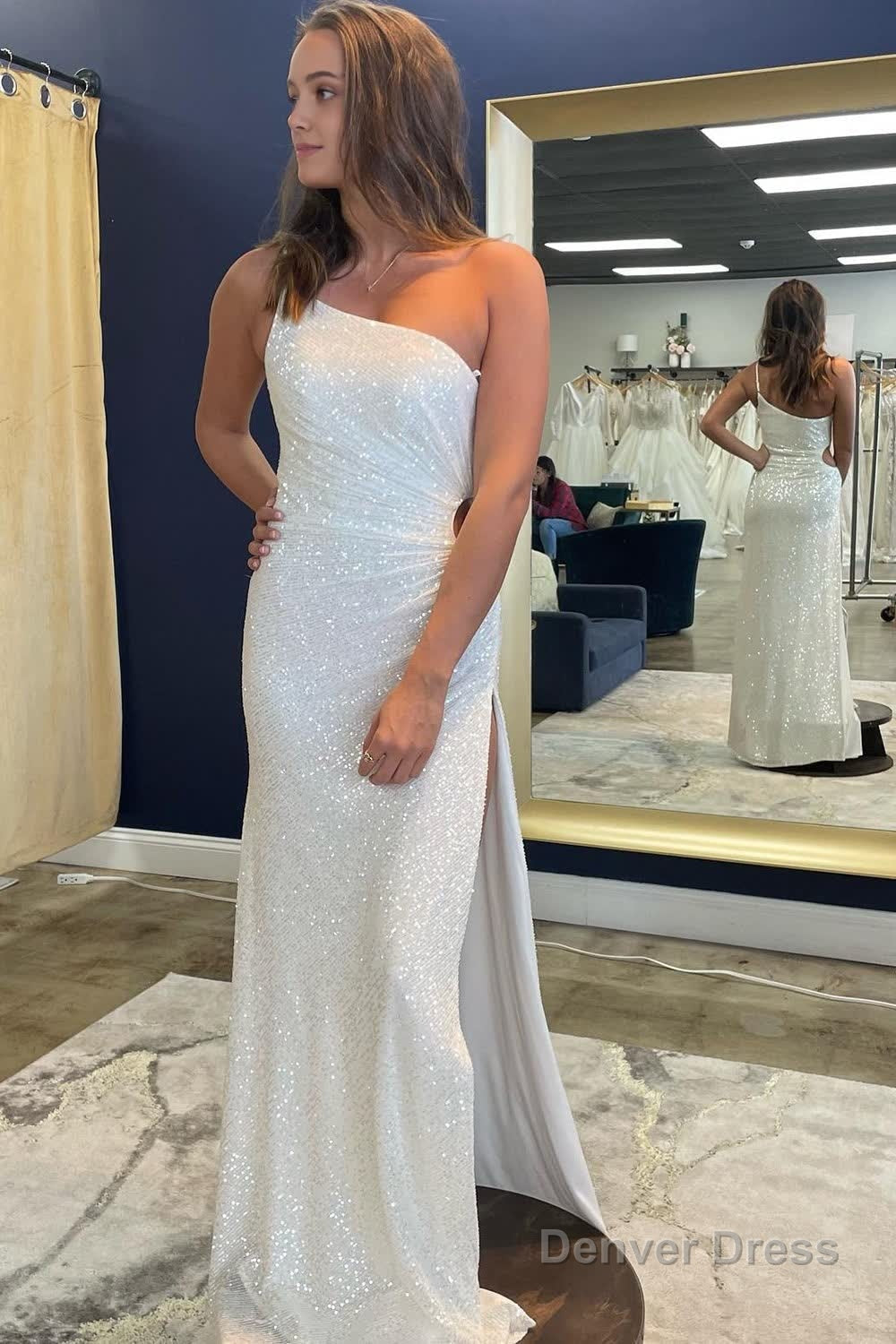 One Shoulder White Sparkly Mermaid Sequins Long Prom Dresses with Slit Main image