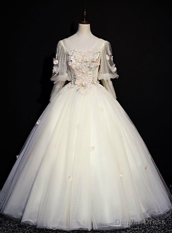 Online Store Champagne Ball Gown Tulle Appliques Long Sleeve Appliques Quinceanera Dress Main image