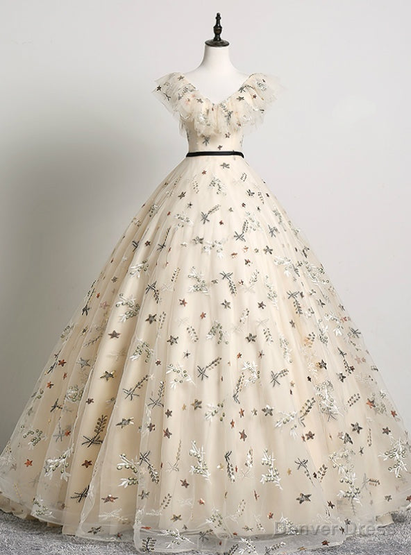 Online Store Champagne Ball Gowns Tulle Sequins V Neck Quinceanera Dresses