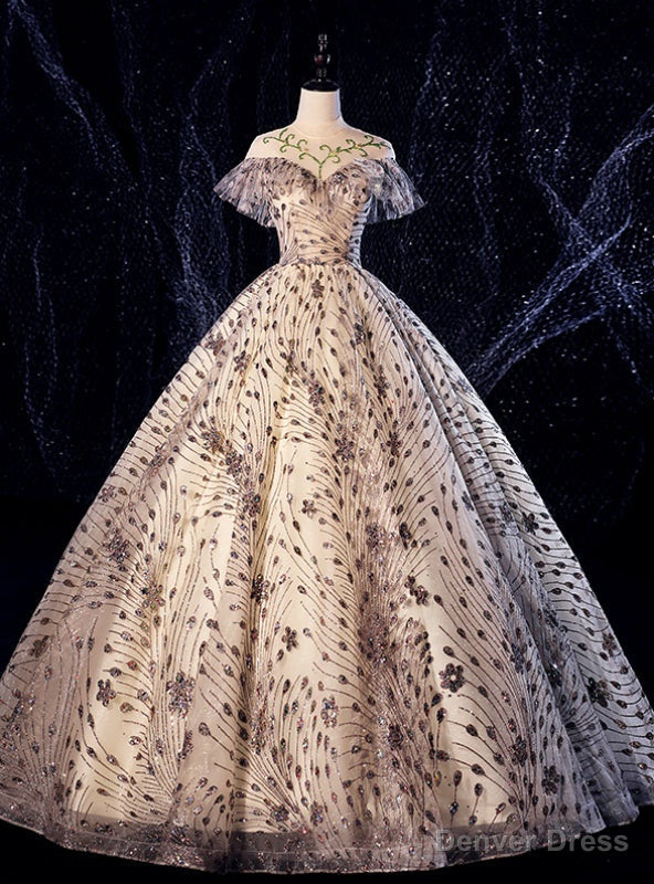 Online Store Gold Ball Gowns Tulle Sequins Cap Sleeve Beading Quinceanera Dresses