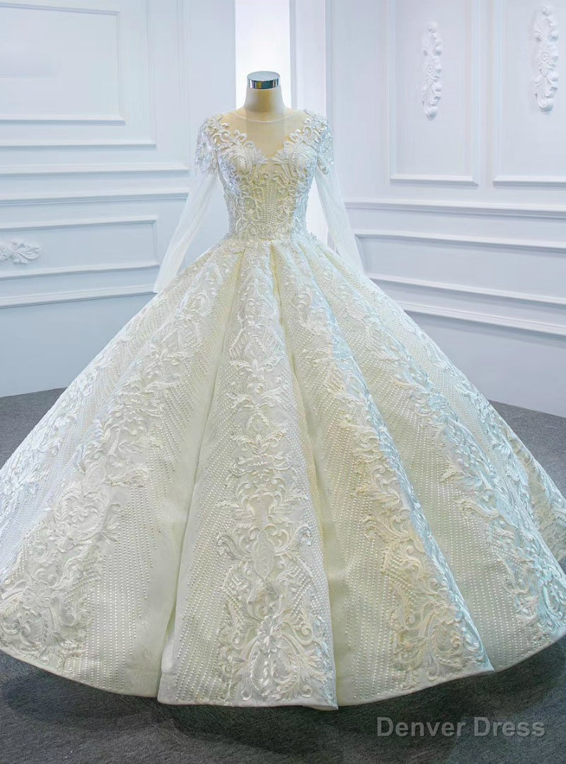 Online Store White Ball Gown Lace Appliques Long Sleeve Beading Wedding Dress
