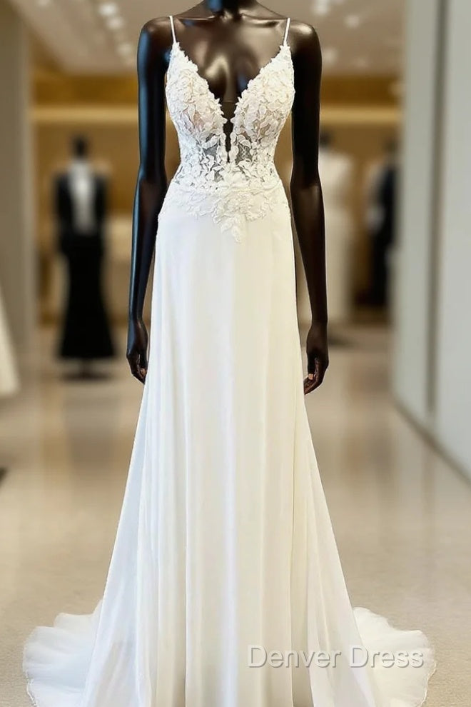 Open Back A Line Chiffon Lace Beach Wedding Dresses