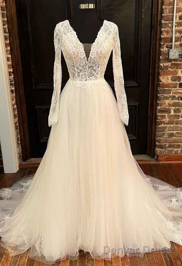 Open Back A Line Tulle Lace Wedding Dresses With Long Sleeves Main image