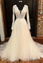 Open Back A Line Tulle Lace Wedding Dresses With Long Sleeves