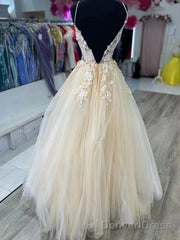 Open Back Appliques A Line V Neck Champagne Prom Dress