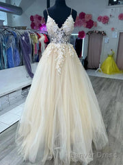 Open Back Appliques A Line V Neck Champagne Prom Dress