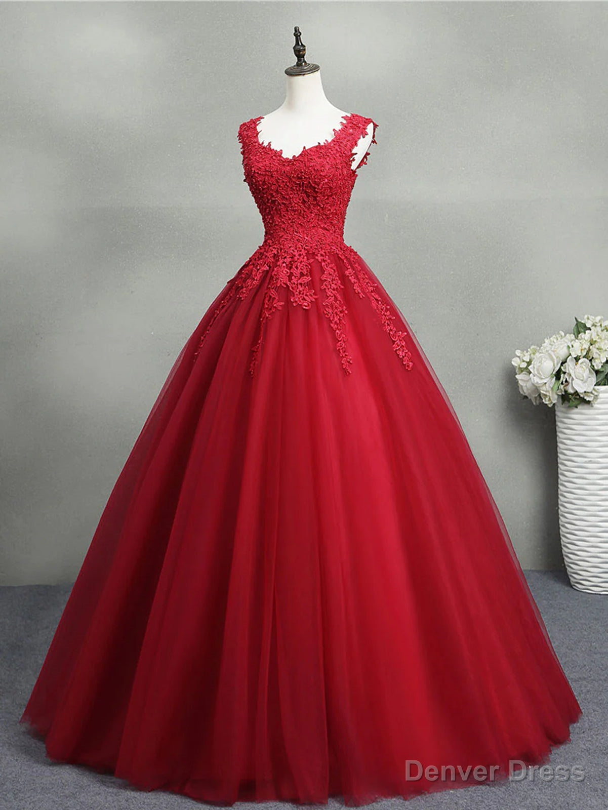 Open Back Burgundy Lace Tulle Long Prom Dresses, Burgundy Lace Formal Evening Dresses Main image