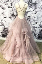 Open Back Dusty Pink Long Prom Dresses Simple Evening Gowns,