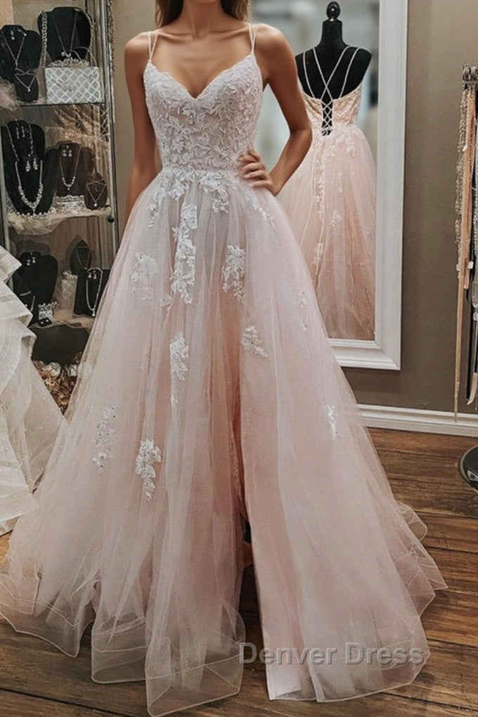 Open Back Pink Tulle Lace Long Prom Dress with Appliques, Pink Lace Prom Graduation Prom Dresses Main image
