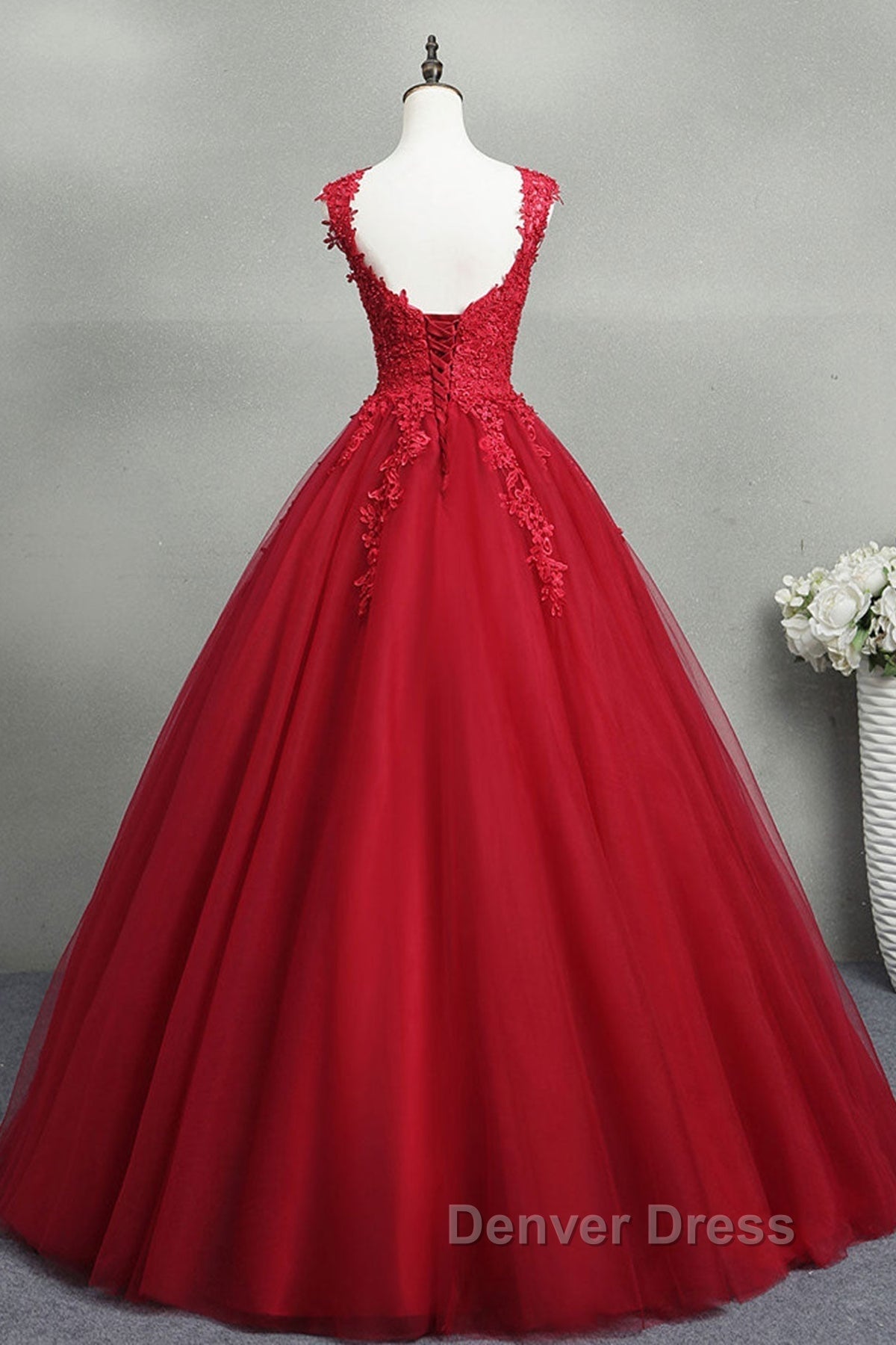 Open Back Red Lace Long Prom Dress, Red Lace Prom Dresses, Red Ball Gowns