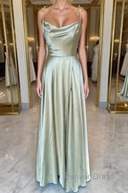 Open Back Sage Satin Long Prom Dress with High Slit, Long Sage Prom Graduation Prom Dresses