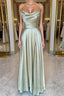 Open Back Sage Satin Long Prom Dress with High Slit, Long Sage Prom Graduation Prom Dresses