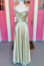 Open Back Sage Satin Long Prom Dress With High Slit, Long Sage Formal Graduation Evening Dress A1617