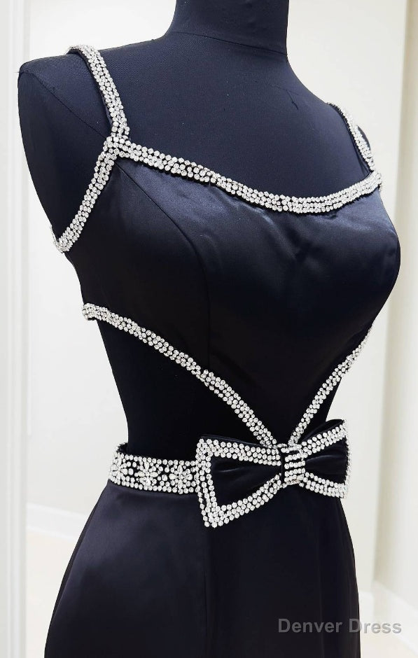 Open Back Satin Long Prom Dresses with Cutouts and Bow Embellishments