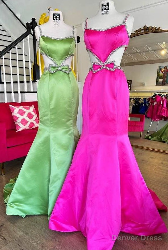 Open Back Satin Long Prom Dresses with Cutouts and Bow Embellishments
