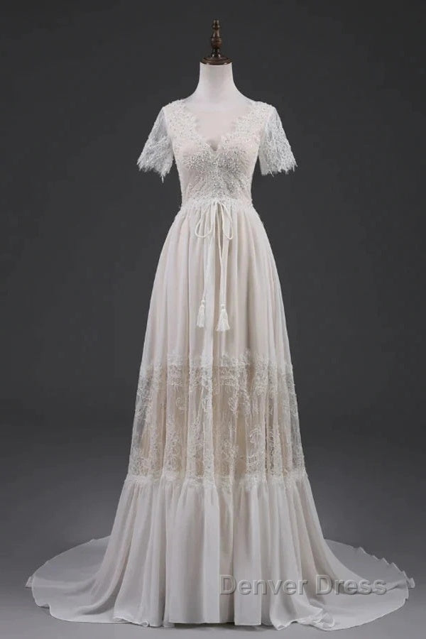 Open Back Short Sleeves V-Neck  Lace Beach Wedding Dresses