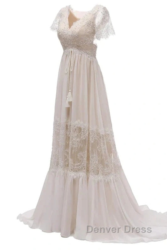 Open Back Short Sleeves V-Neck  Lace Beach Wedding Dresses