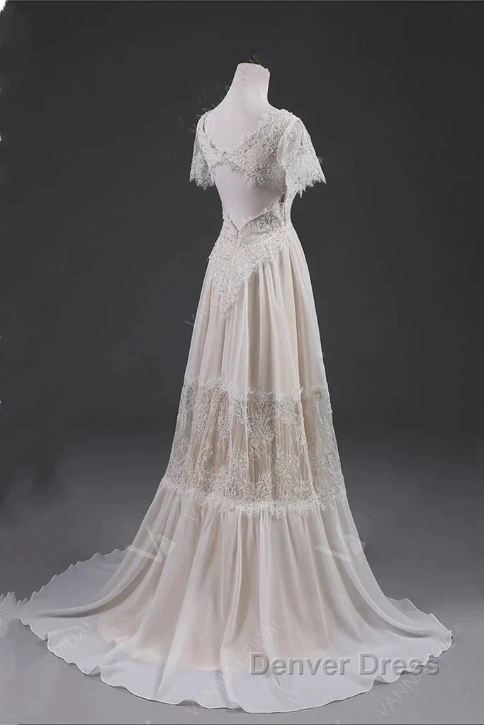 Open Back Short Sleeves V-Neck  Lace Beach Wedding Dresses