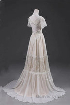 Open Back Short Sleeves V-Neck Lace Beach Wedding Dresses