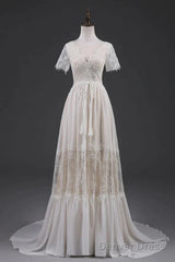 Open Back Short Sleeves V-Neck  Lace Beach Wedding Dress