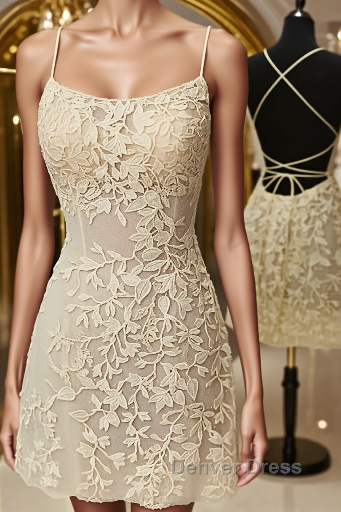 Open Back Short Yellow Lace Prom Dresses, Short Backless Yellow Lace Formal Homecoming Dresses