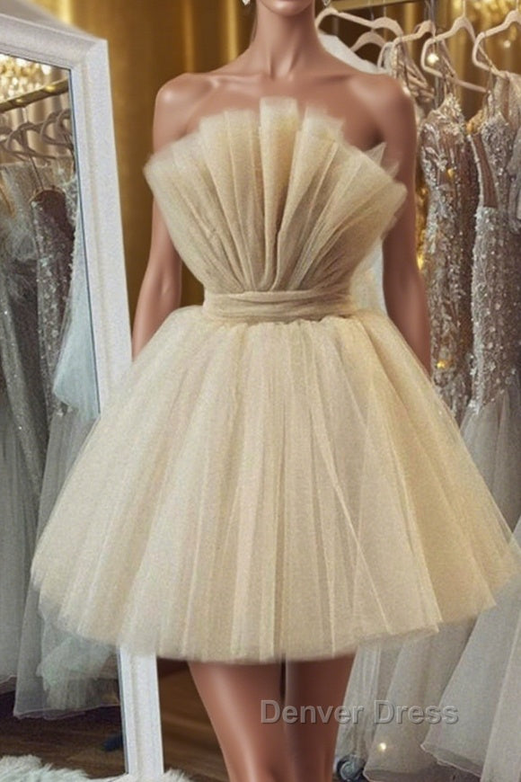 Open Back Strapless Champagne Tulle Short Prom Homecoming Dress, Strapless Champagne Prom Graduation Prom Dresses