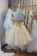 Open Back Strapless Champagne Tulle Short Prom Homecoming Dress, Strapless Champagne Prom Graduation Prom Dresses