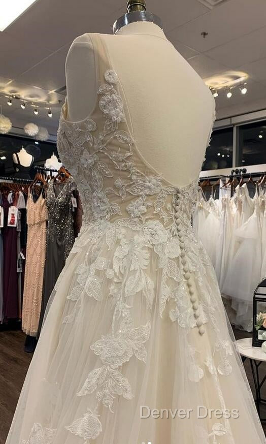Open Back V Neck A Line Wedding Dress, Bridal Gowns ,Dresses For Brides