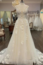 Open Back V Neck A Line Wedding Dress, Bridal Gowns ,Dresses For Brides