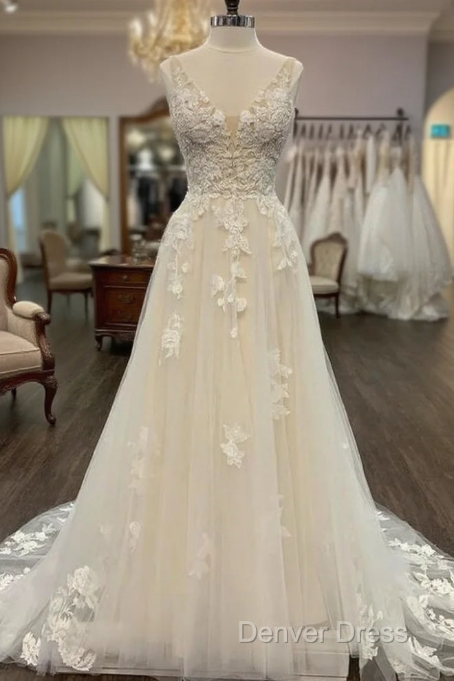 Open Back V Neck A Line Wedding Dress, Bridal Gowns ,Dresses For Brides
