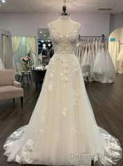Open Back V-Neck A-Line Wedding Dress, Bridal Gown ,Dresses For Brides
