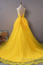 Open Back V Neck High Low Yellow Tulle Long Prom Dress, High Low Yellow Prom Dresses