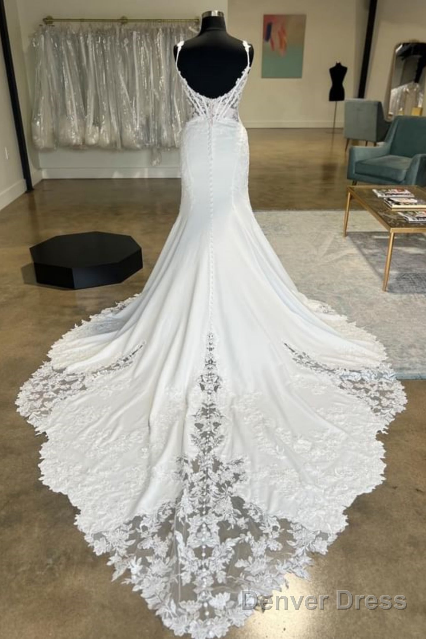 Open Back V Neck Mermaid White Lace Long Prom Dresses With Train, White Lace Wedding Dresses, White Formal Evening Dresses A2132 Secondary image