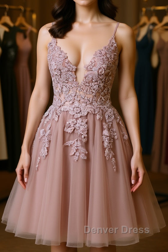 Open Back V Neck Pink Lace Appliques Prom Dress, Pink Lace Homecoming Dress, Short Pink Prom Graduation Prom Dresses Main image