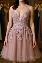 Open Back V Neck Pink Lace Appliques Prom Dress, Pink Lace Homecoming Dress, Short Pink Prom Graduation Prom Dresses