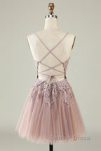 Open Back V Neck Pink Lace Appliques Prom Dress, Pink Lace Homecoming Dress, Short Pink Prom Graduation Prom Dresses